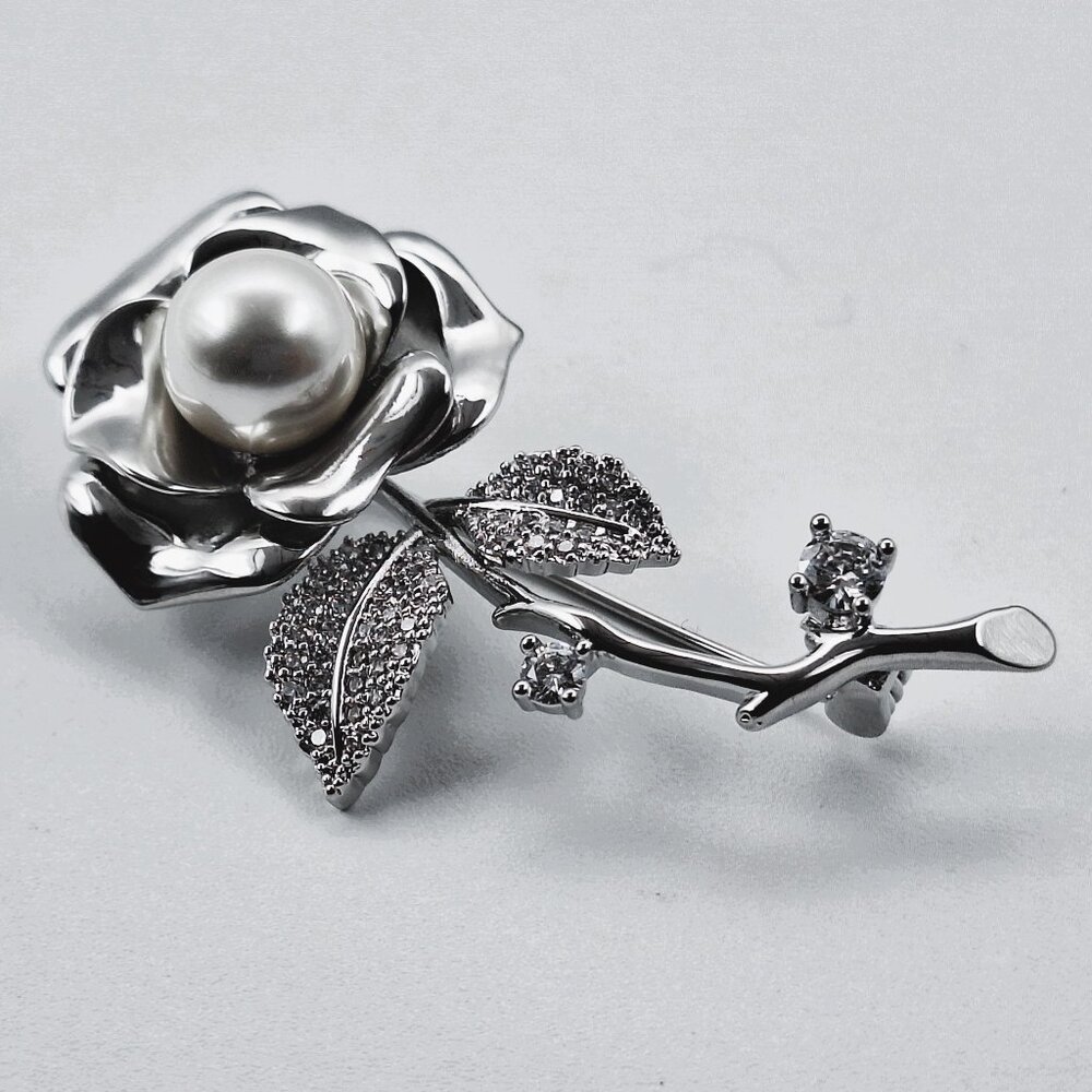 Vintage Silver Tone Large Pearl Clear Glass Crystal Flower Brooch Pin Rhinestone - Picture 5 of 8